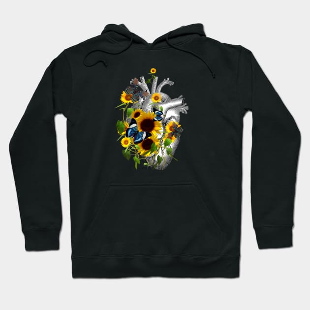 Sunflowers Heart Human Anatomy and blue butterflies Hoodie by Collagedream